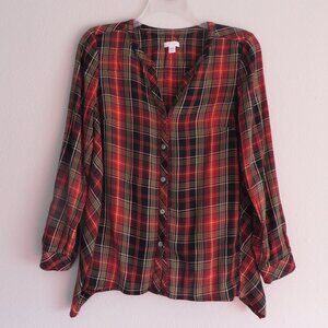 NEW J.jill Womens Shirt Size XSP Button Down V-Neck Red Green Mulit-color plaid